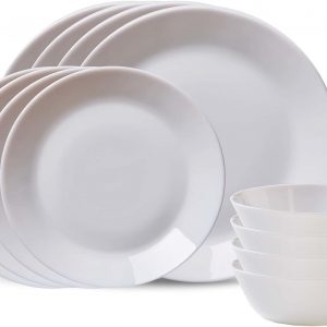 Experience the timeless beauty and unmatched durability of the Corelle MilkGlass 12Pc Dinnerware Set. They're also dishwasher and microwave safe.