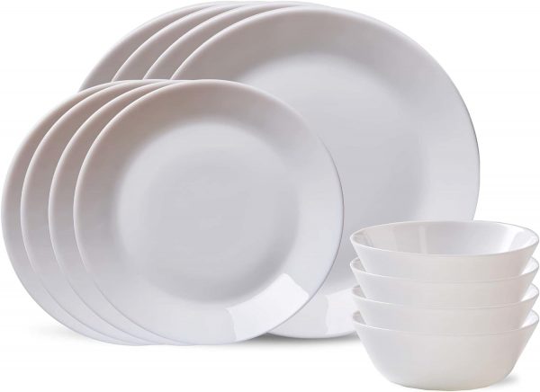 Experience the timeless beauty and unmatched durability of the Corelle MilkGlass 12Pc Dinnerware Set. They're also dishwasher and microwave safe.