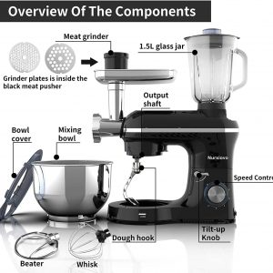 The 6 speed Nurxiovo Pro 3in1 Stand Mixer includes a meat grinder, juice extractor, a bowl cover/splash guard and 3 attachments - beater, whisk and dough hook.