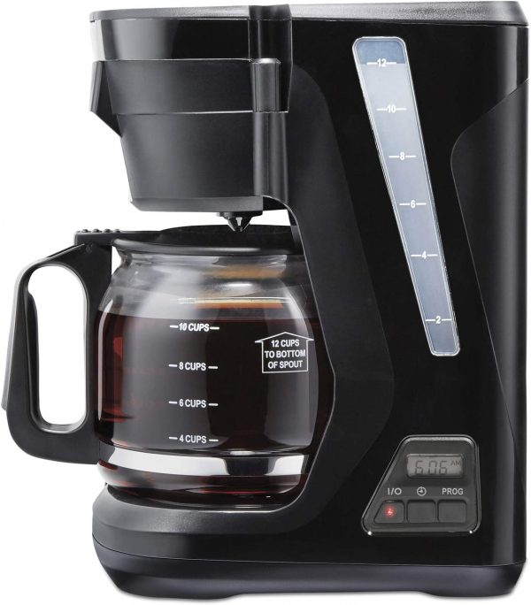 Wake up to freshly brewed coffee! The 12 Cup Programmable Coffee Maker gives you a pot of Joe up to 24 hours in advance. Plus, the carafe handle stores neatly inside the base.