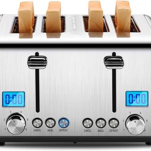 4 Slice Stainless Steel Toaster with self 1.5 inch slots. Self centering guides keep bread in best toasting position. 6 browning settings. LED indicator lights.