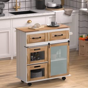 Visionwards Portable Kitchen Island is a two tone kitchen island cart with 2 shelves behind a tempered glass barn door, 2 storage bins, 2 drawers & a towel bar.