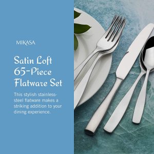 Elevate your dining experience with the Mikasa 65pc Stainless Flatware set. Exquisitely designed, this collection adds sophistication to any table setting.