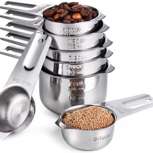 This 7 pc Stainless Measuring Cups set is made with 18/8 food grade stainless steel. In addition, each measuring cup has its size etched in, so they won't fade.