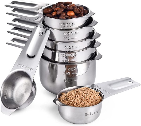 This 7 pc Stainless Measuring Cups set is made with 18/8 food grade stainless steel. In addition, each measuring cup has its size etched in, so they won't fade.