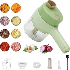 Introducing the handheld electric vegetable cutter set. With its 4-in-1 functions, you can now have an electric vegetable slicer and an electric meat grinder all in one machine - saving you time and energy in the kitchen.