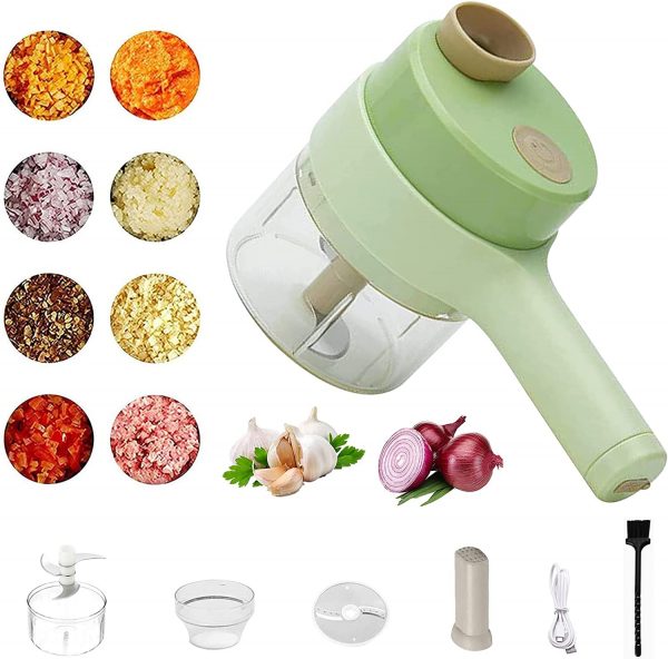 Introducing the handheld electric vegetable cutter set. With its 4-in-1 functions, you can now have an electric vegetable slicer and an electric meat grinder all in one machine - saving you time and energy in the kitchen.