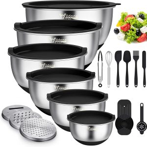 Stainless Steel Mixing Bowls with Airtight Lids. 4 colors - black, gray, khaki, multicolor. Large bowl lid has hole for 3 different graters as inserts