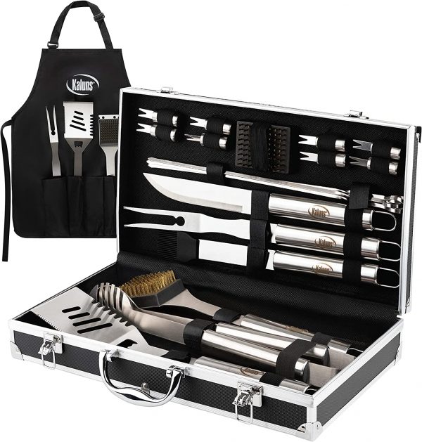 21 PC Kaluns BBQ Stainless Grill Set with portable aluminum carrying case.
