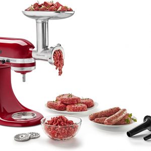 The KitchenAid Metal Food Grinder versatile attachment allows you to grind fresh meat for sausages and burgers, hard cheeses, fresh bread crumbs and more.
