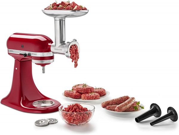 The KitchenAid Metal Food Grinder versatile attachment allows you to grind fresh meat for sausages and burgers, hard cheeses, fresh bread crumbs and more.